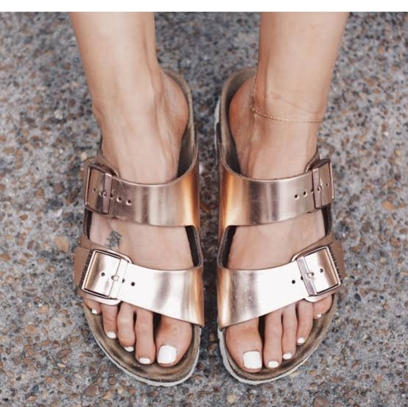 Rose Gold Metallic Copper Birkenstock Arizona Two Strap Sandals New Size 37 - Picture 3 of 11